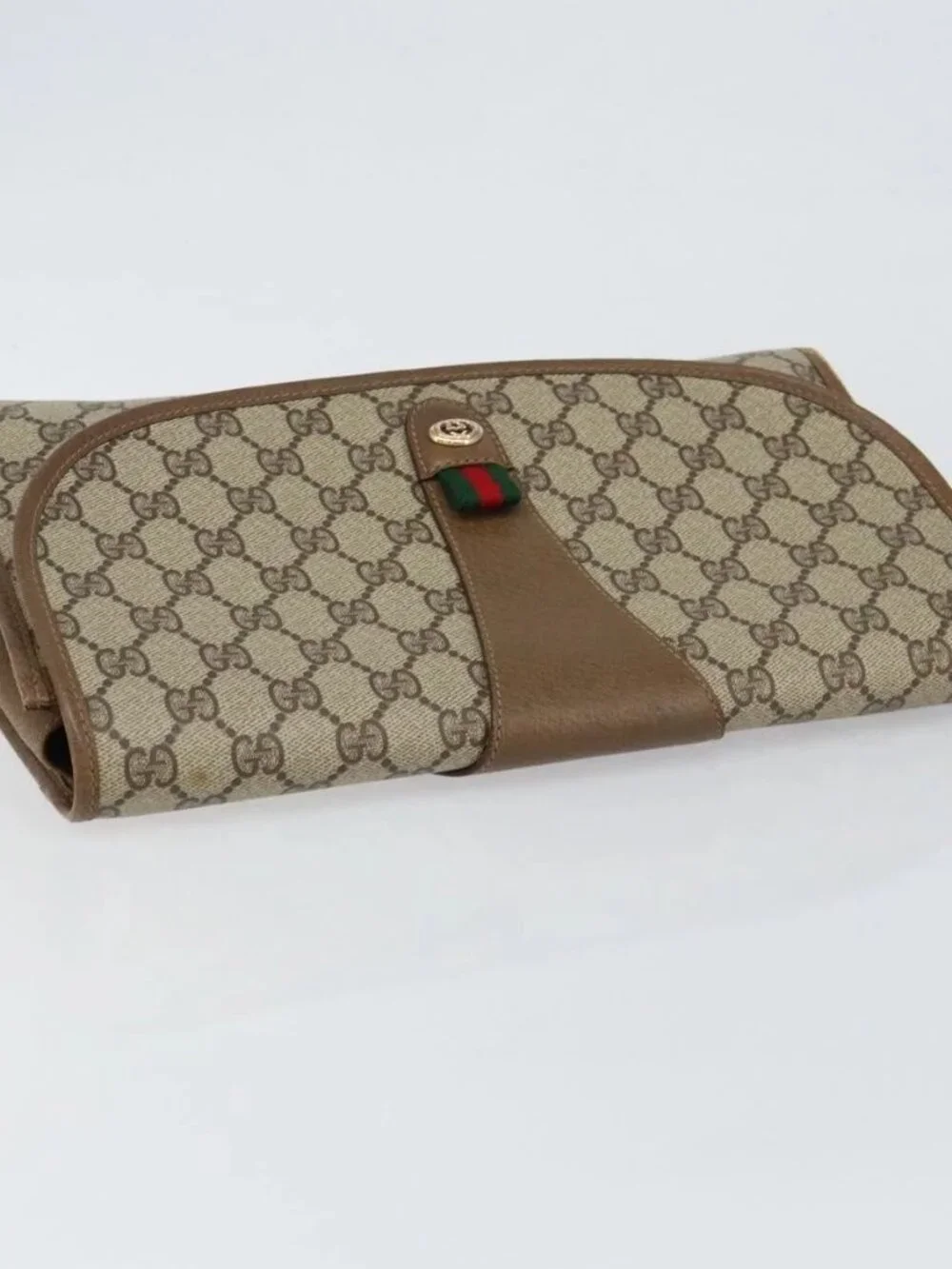 GUCCI GG Supreme Web Sherry Line Clutch Bag PVC Beige Red 89 01 031 Auth 145911